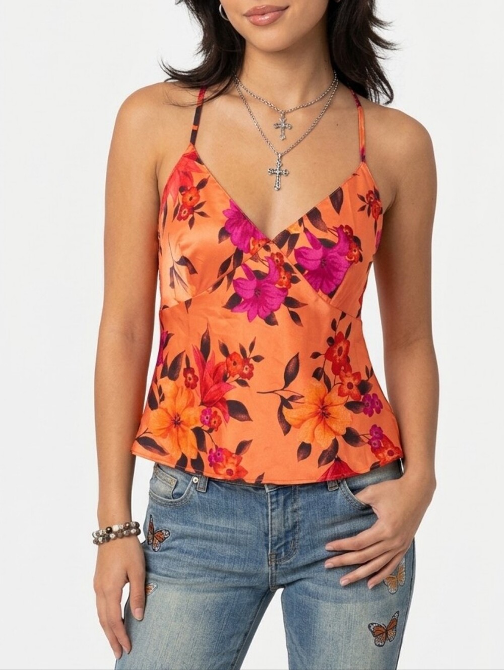 Victoria's Secret Y2K Orange Satin Floral V-Neck Crisscross Open Back Cami Top M